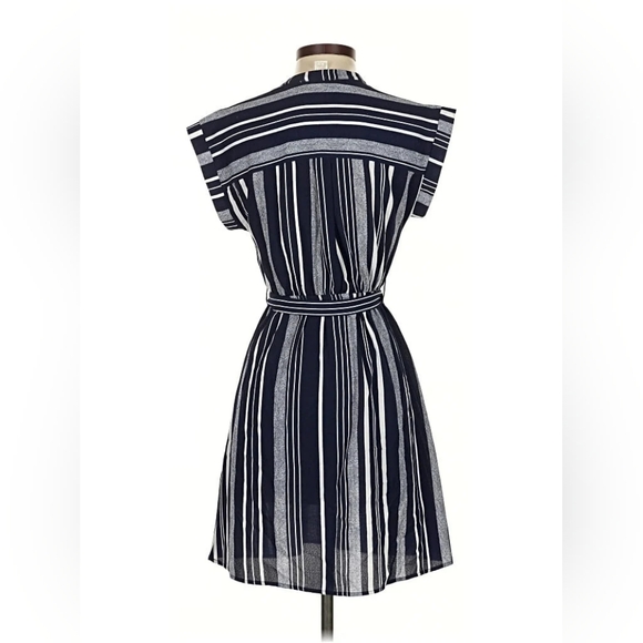 *NWOT* Monteau LA Women's Medium Blue & Black Striped Midi Dress Tie Waist - Picture 14 of 16